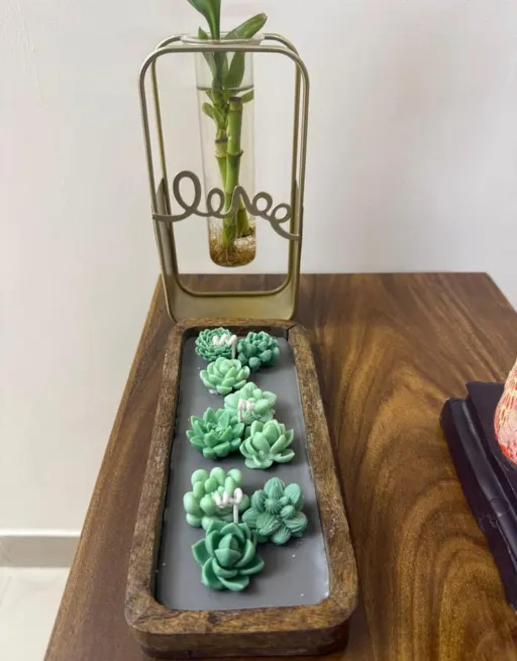 Succulent candle Wooden tray big size, Decorative Wooden Tray candle of Green Succulent Wax, Rustic Farmhouse Style, Handcrafted Home Decor candle