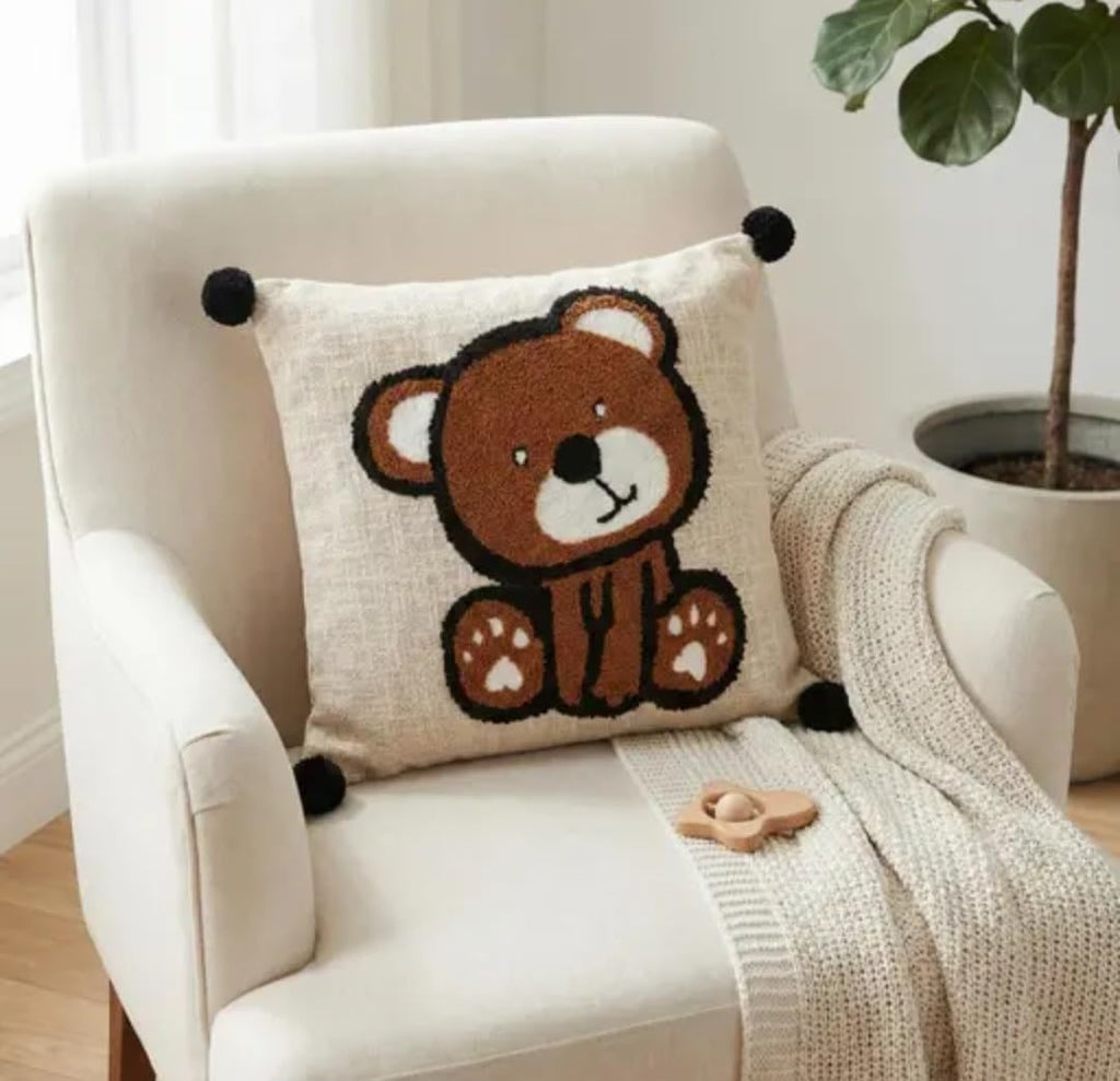 Cute Teddy Bear Handmade Throw Pillow Cover, Beige Linen, Pom Pom Corners, Kids Room Decor