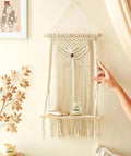 Macrame Wall Hanging Shelf with Decorative Woven Pattern, Boho Home Decor, Cotton Rope Floating Display