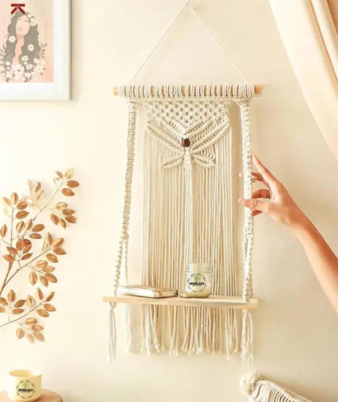 Macrame Wall Hanging Shelf with Decorative Woven Pattern, Boho Home Decor, Cotton Rope Floating Display
