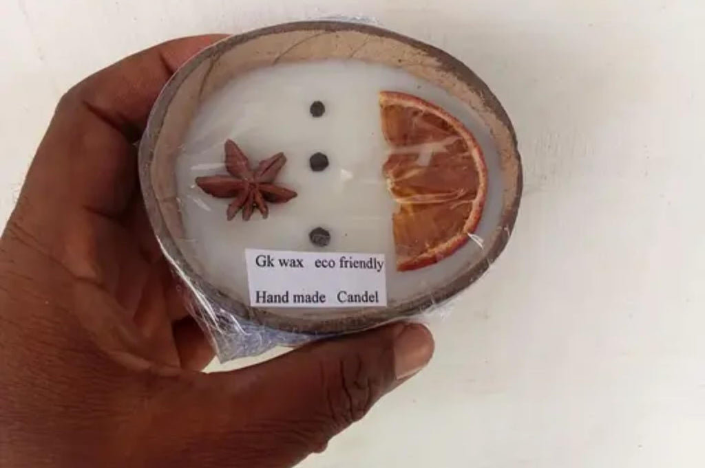 Handmade Coconut Shell Bowl candle, White Interior with Orange Fruit Design, Natural Wooden Edge, Decorative Serving Dish
