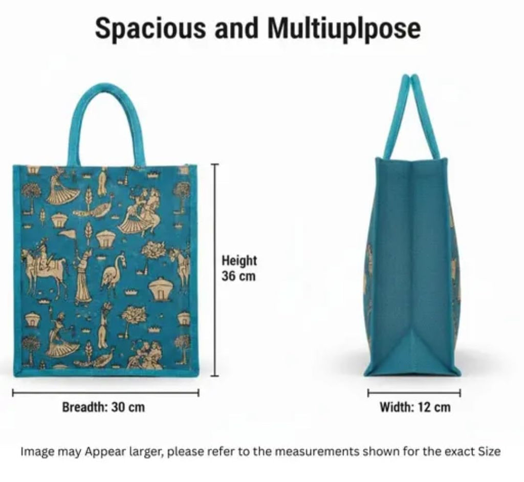 Jute Tote Bag, Teal Blue, Traditional Indian Art Print, Reusable Shopping Bag