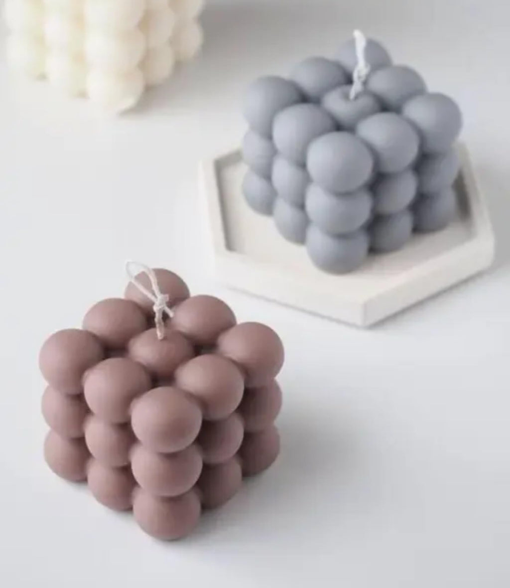 Bubble Cube Decorative Candle, Modern Design, Grey and Mauve, Set of 2