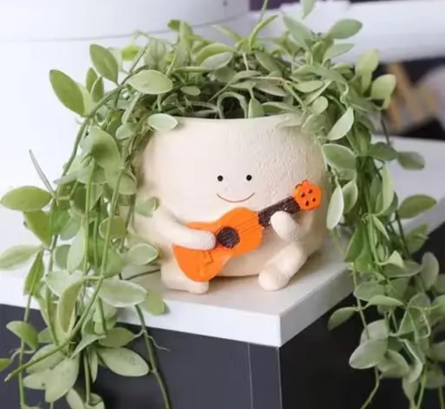 Decorative Artificial Plant in White Ceramic Planter with Guitar Design, Faux Green Boxwood Topiary, Indoor Home Decor