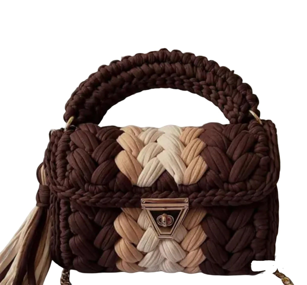 Handmade Crochet Crossbody Handbag, Brown and Beige Woven Pattern, Metal Clasp
