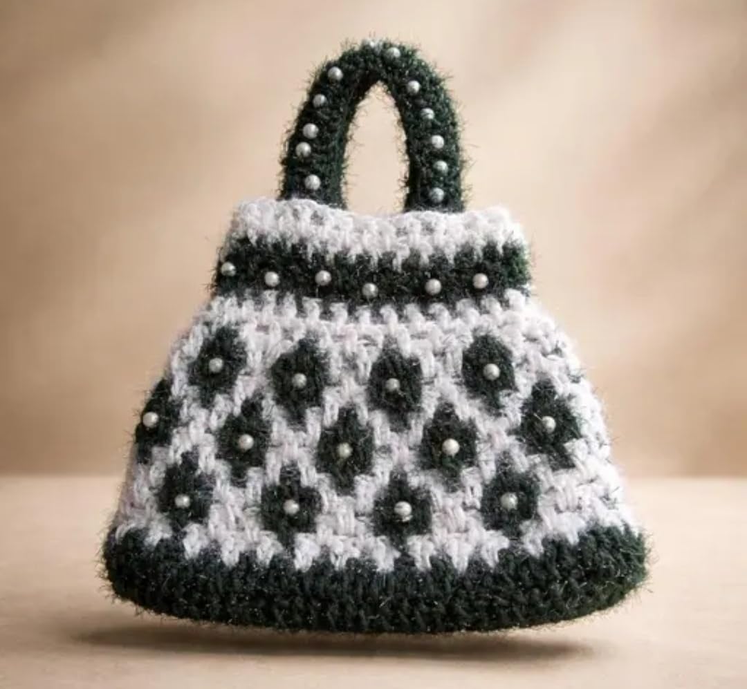 Handmade Crochet Handbag, Green and White, Pearl Bead Accents, Floral Pattern, Boho Style Tote Bag
