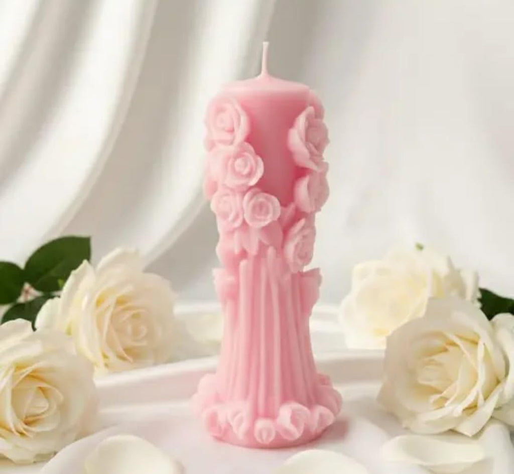 Decorative Pillar Candle, Pink, Rose Floral Design, Elegant Home Decor