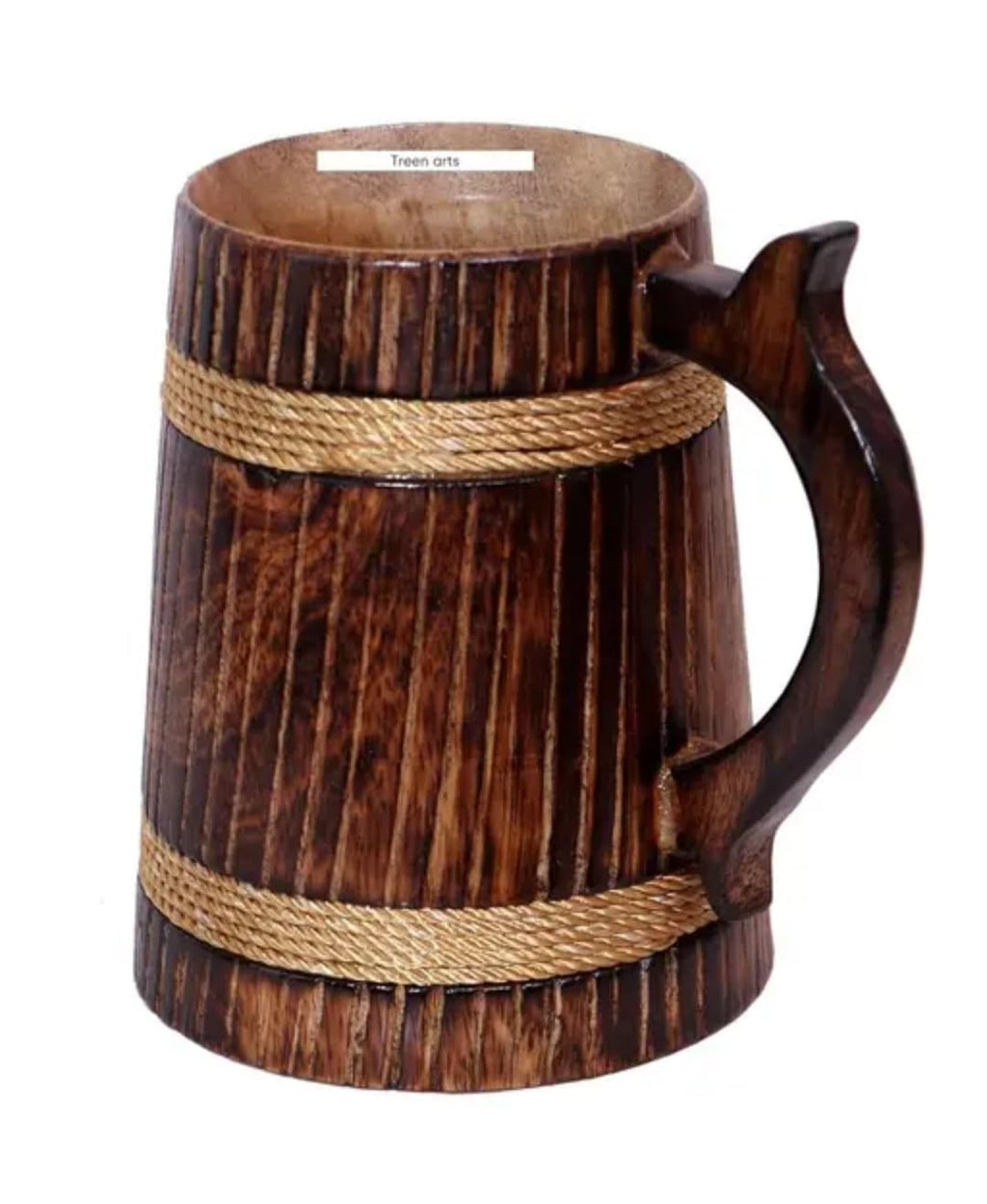 Handcrafted Wooden Beer Mug with Rope Accent, Rustic Barrel Style, Dark Brown