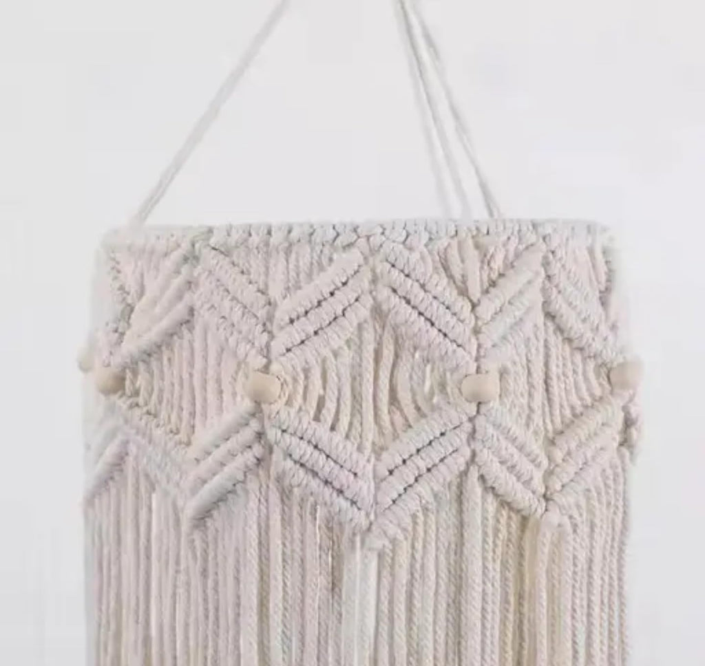 Macrame Wall Hanging, Boho Woven Tapestry, White Cotton Rope with Geometric Pattern, Handmade Home Decor