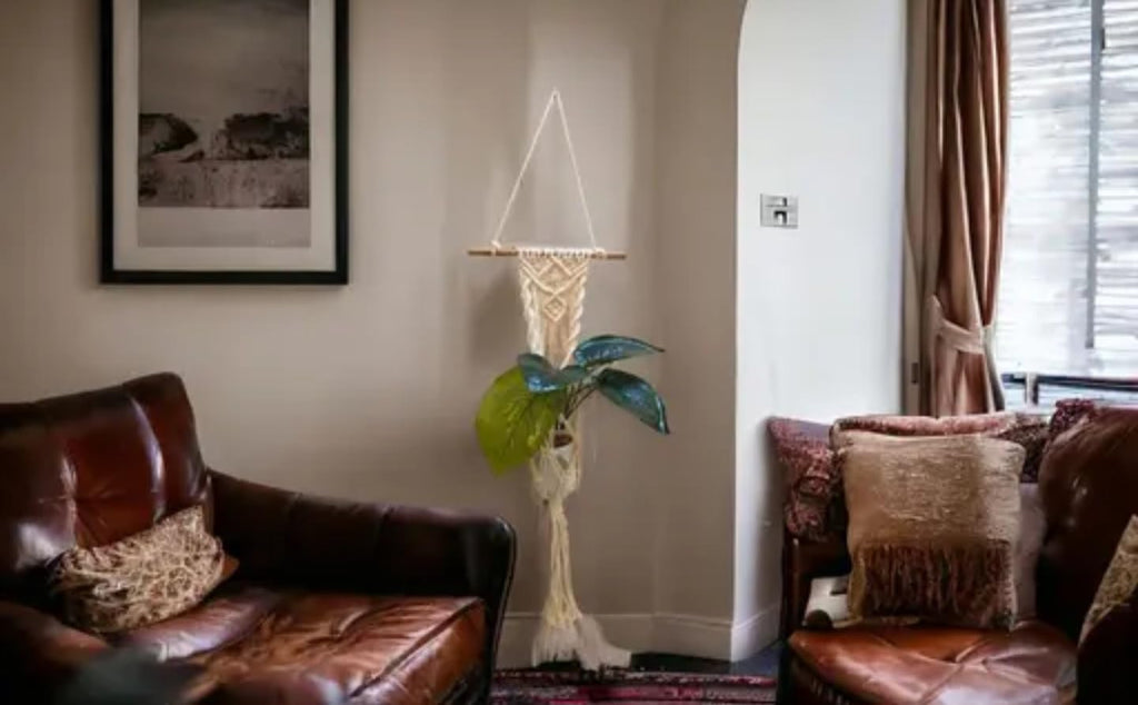 Macrame Plant Hanger, Handwoven Cotton Wall Hanging with Wooden Rod, Boho Home Decor, White