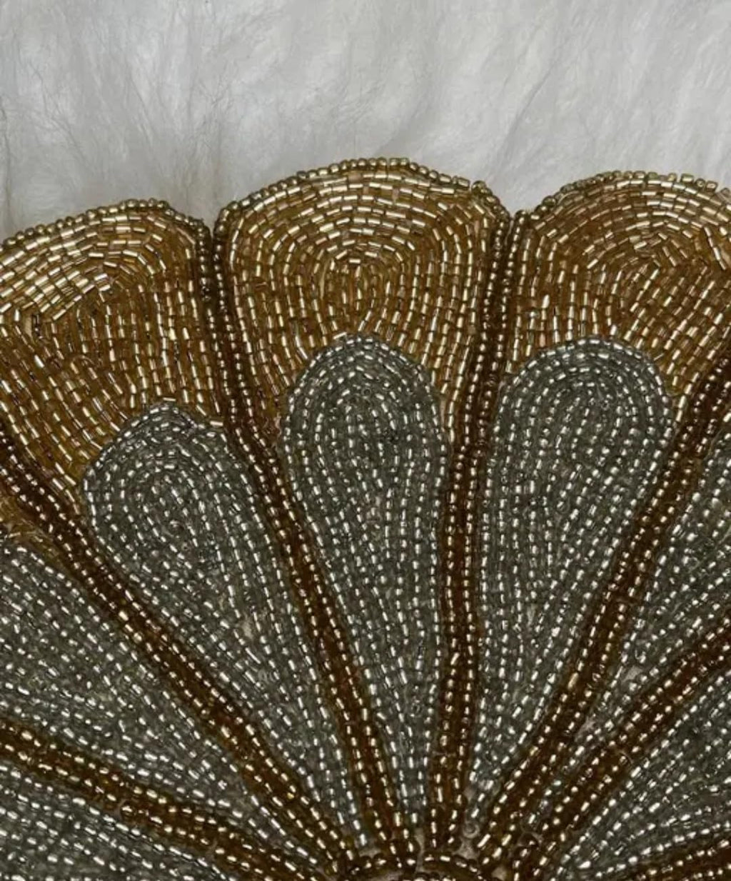 Beaded Floral Round Placemat, Gold and Silver, Scalloped Edge, Handcrafted Table Decor
