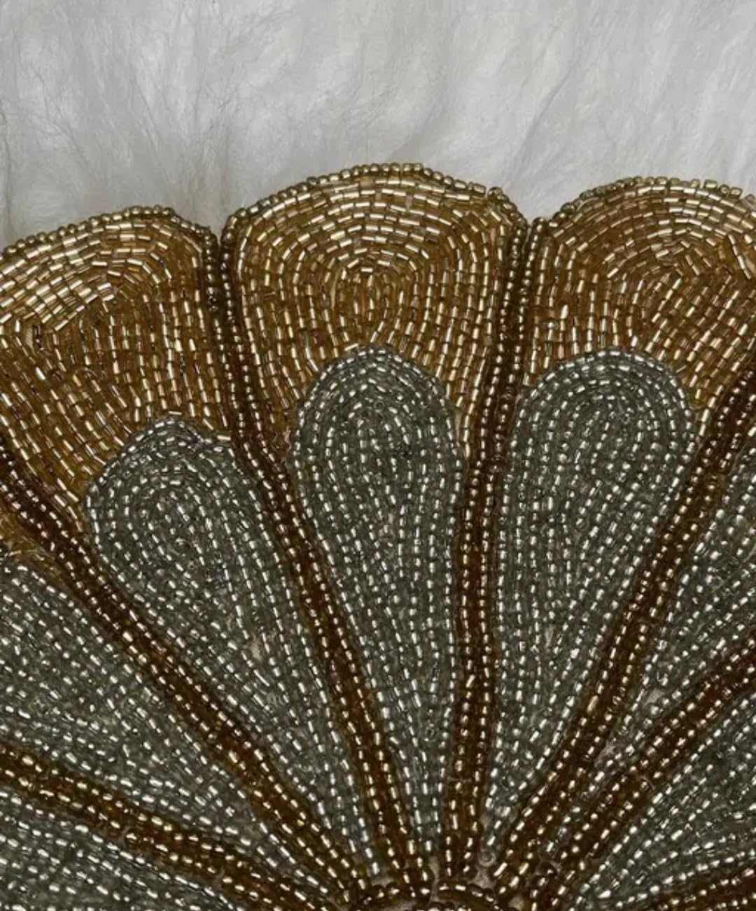 Beaded Floral Round Placemat, Gold and Silver, Scalloped Edge, Handcrafted Table Decor