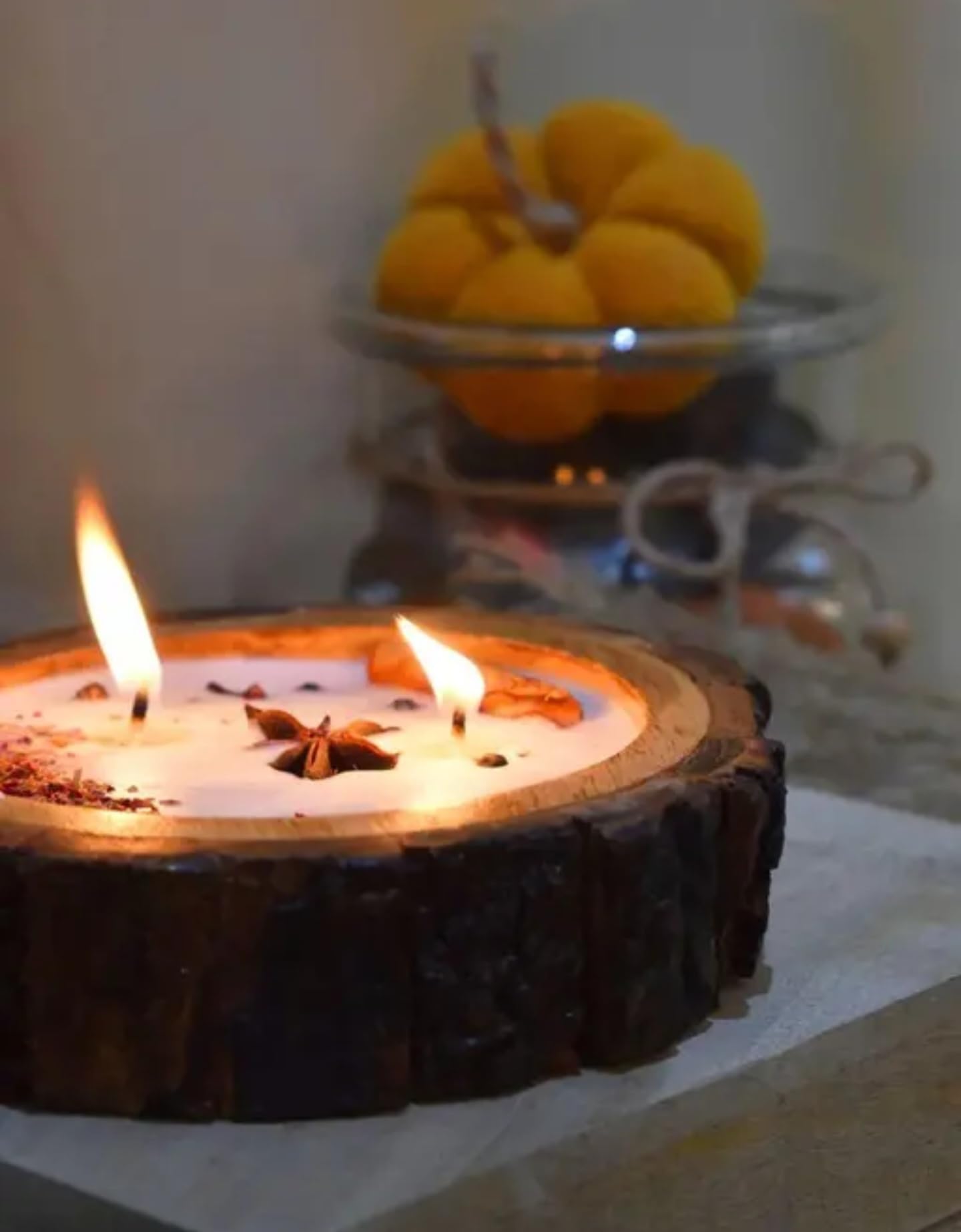 Rustic Wood Log Candle with Gold Accents, Natural Tree Bark Tealight Stand
