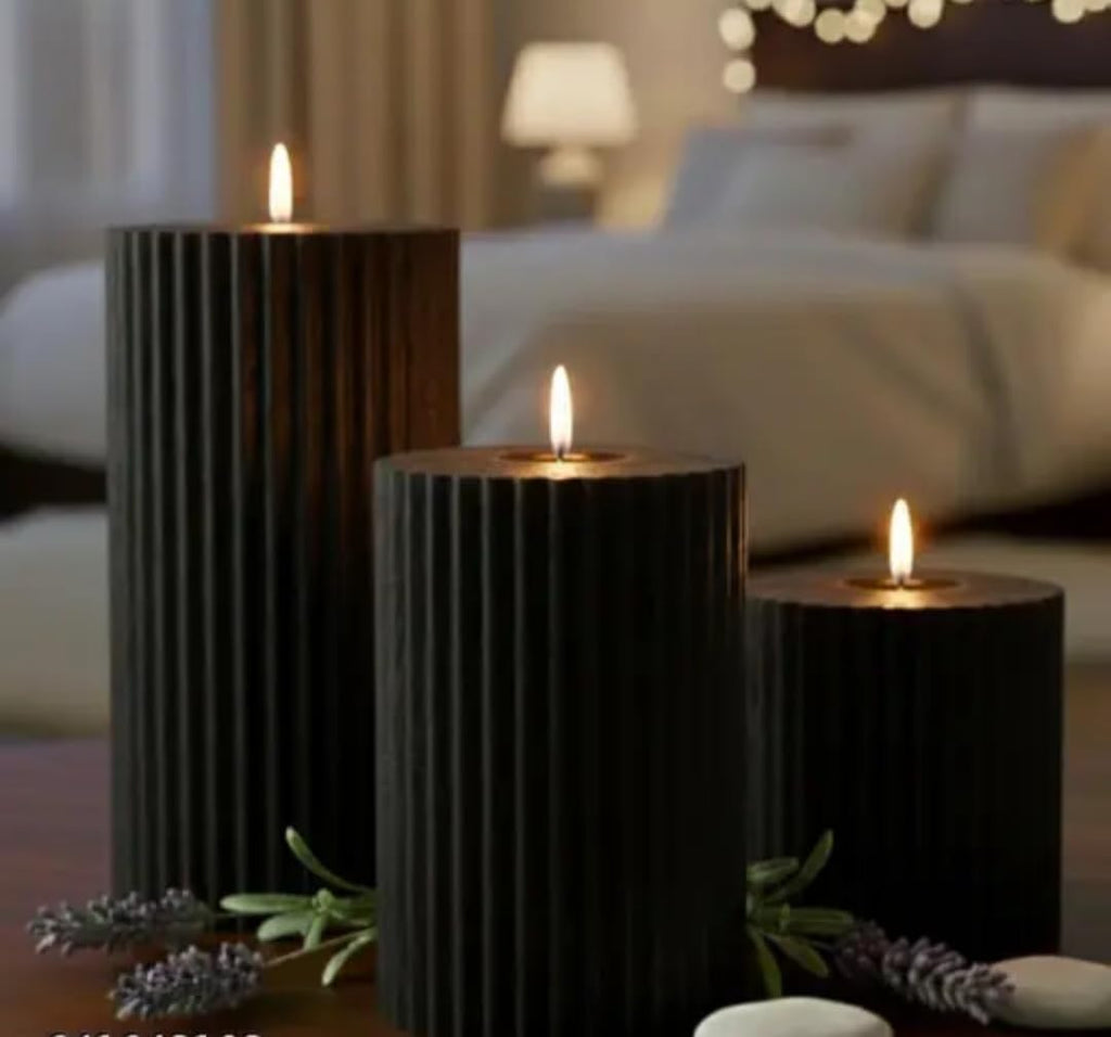 Decorative Pillar Candles Set, Black Ribbed Design, 3 Sizes, Modern Home Decor