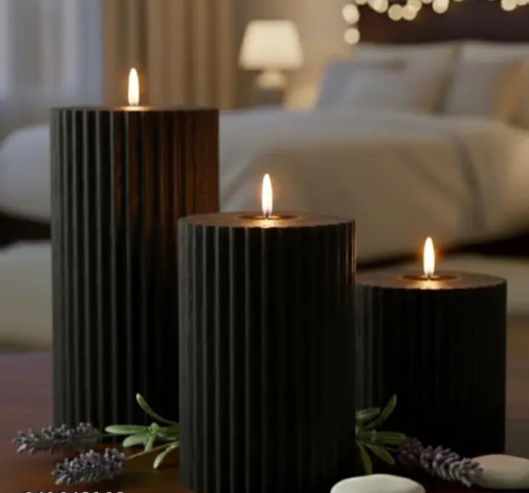 Decorative Pillar Candles Set, Black Ribbed Design, 3 Sizes, Modern Home Decor