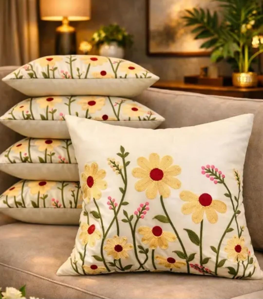 Floral Hand Embroidered Throw Pillow Cover, White, Daisy Print, Square, Decorative Cushion Cover for Sofa, 1 piece