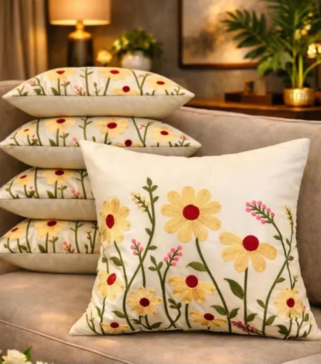 Floral Hand Embroidered Throw Pillow Cover, White, Daisy Print, Square, Decorative Cushion Cover for Sofa, 1 piece