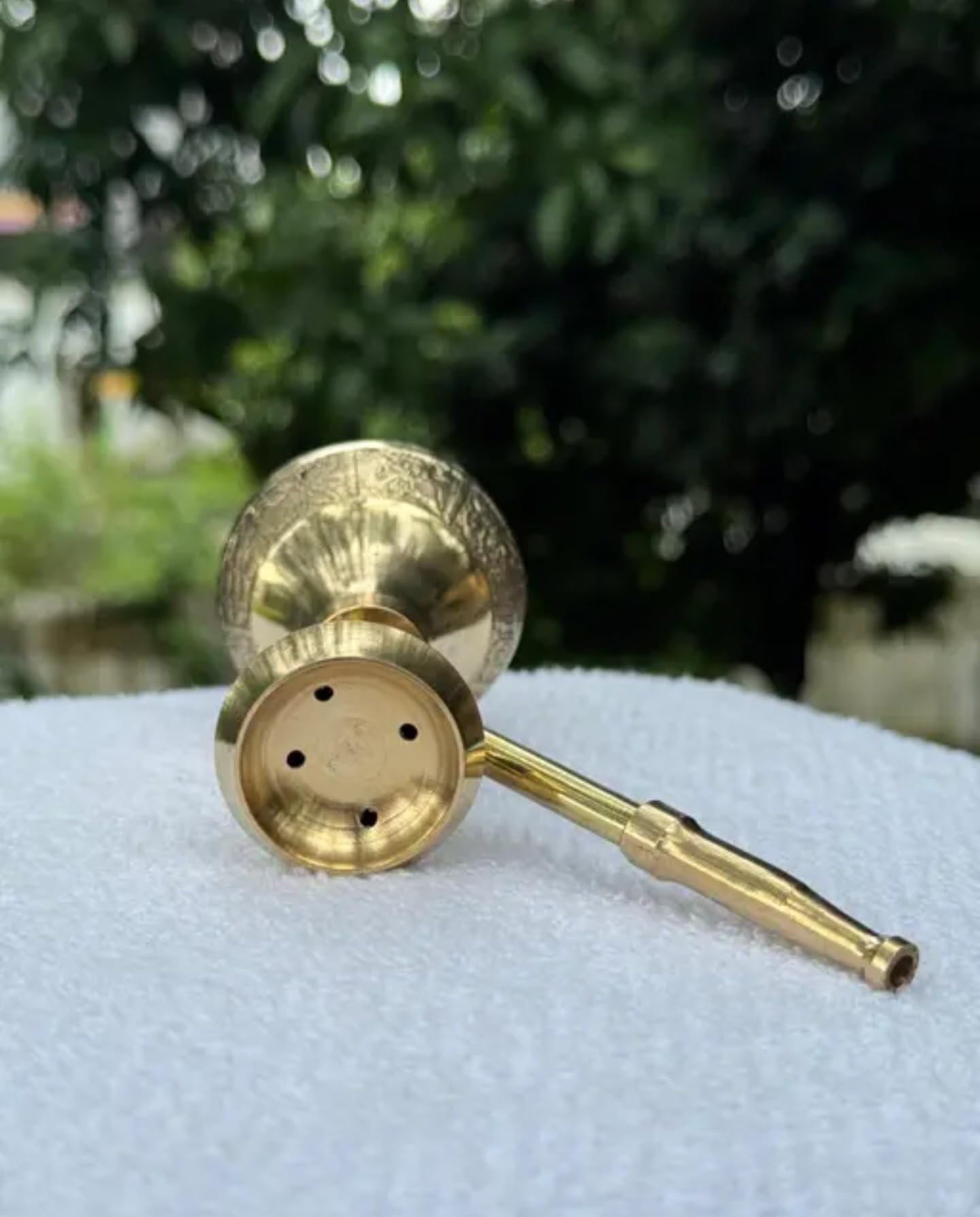Decorative Brass Hookah with Ornate Base, Traditional Design, Gold Finish