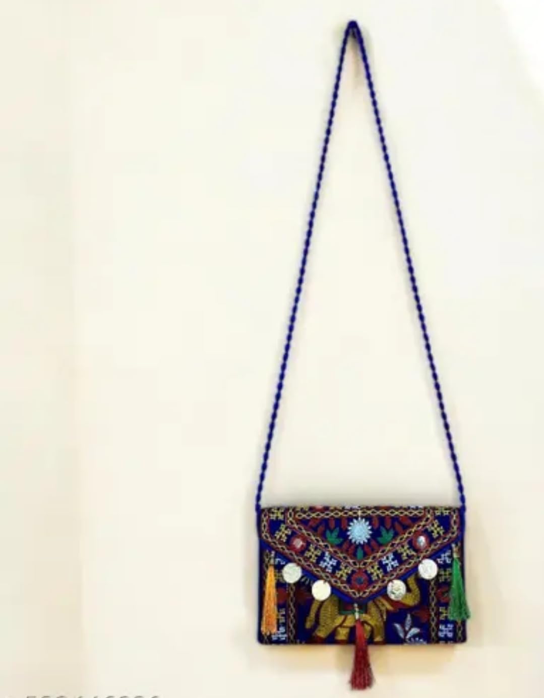 Traditional Embroidered Clutch Purse with Tassels, Bohemian Design, Royal Blue with Multi-Colour Pattern, Coin Decorations, eco-friendly