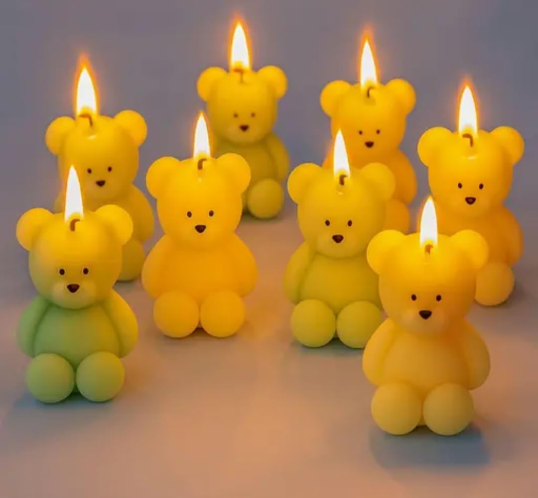 Teddy Bear Shaped Candles, Yellow, Decorative Novelty Candles, Set of 6