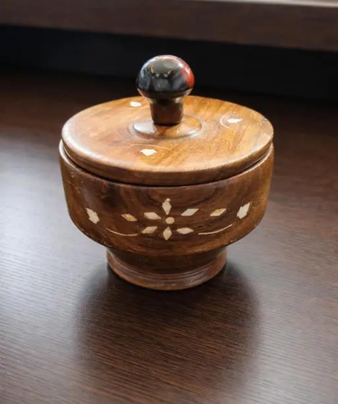 Wooden Bowl with Lid, Brown, Handcrafted Design, Dry Fruit Storage Container
