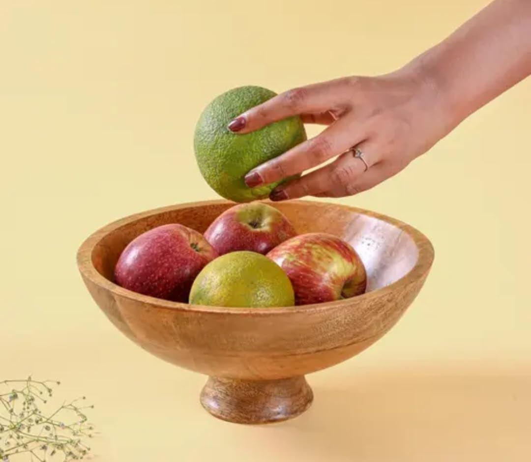 Wooden Fruit Bowl with Pedestal Base, Natural Wood Finish, Decorative Serving Display