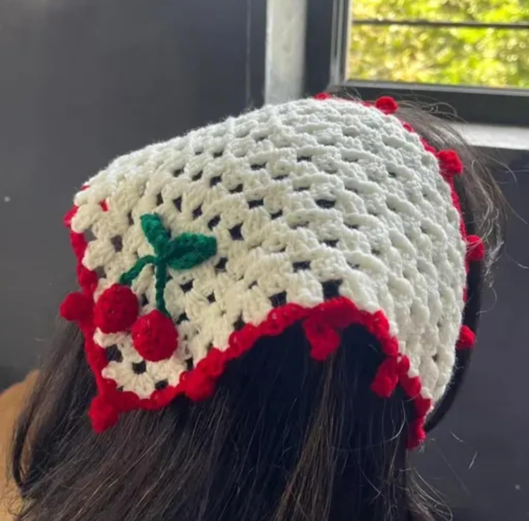 Crochet Bandana Headband, White with Red Cherry Detail, Boho Hair Accessory for Women