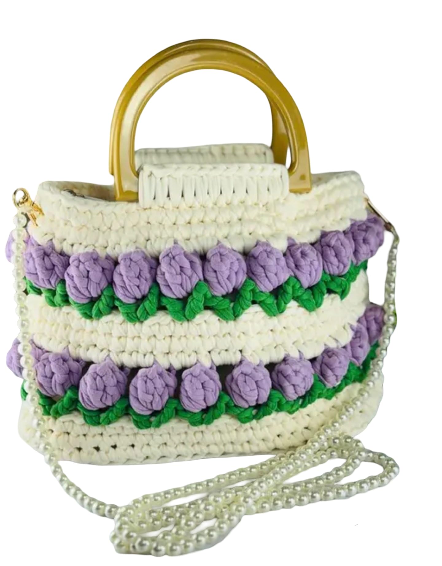 Handmade Crochet Handbag with Floral Design, White and Purple, Gold Handle, Pearl Strap