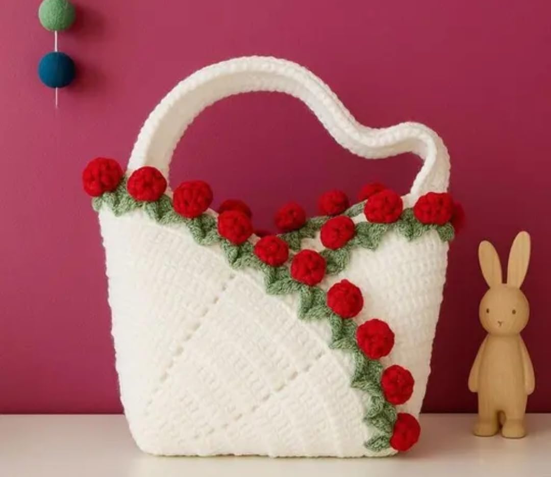 Handmade Crochet Tote Bag, White with Red Floral Embellishments, Knit Handbag, Boho Floral Style