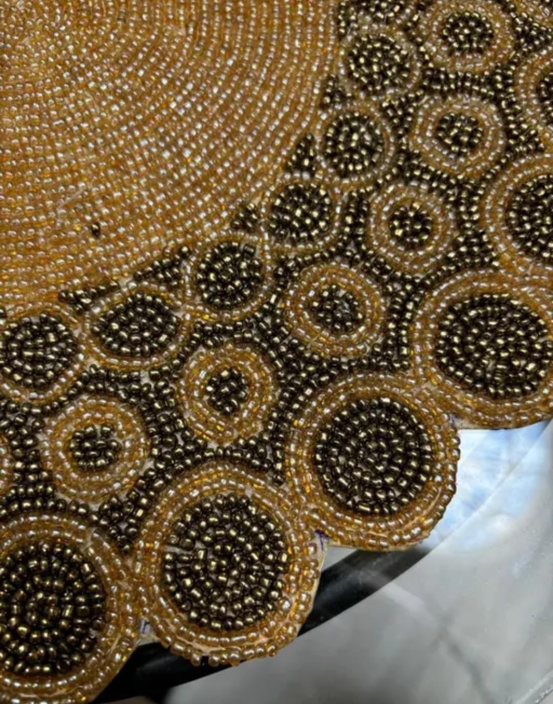 Round Beaded Placemat, Gold and Black, Decorative Table Mat, Scalloped Edge, Handcrafted