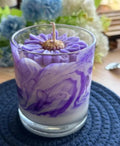 Purple Marble Swirl Flower Candle in Glass, Decorative Daisy Wax Candle, Floral Home Decor