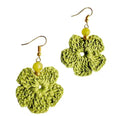 Handmade Crochet Flower Earrings, Green, Dangle Drop Style, Beaded Accent, Hook Closure