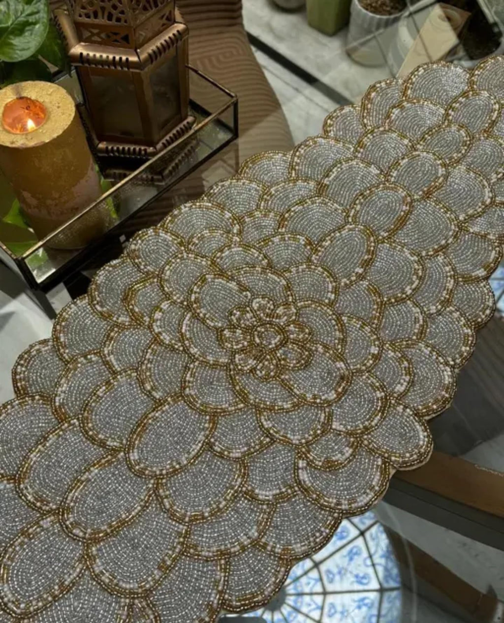 Beaded Handcrafted Placemat, Gold and Silver, Scalloped Edge Design, Decorative Table Setting