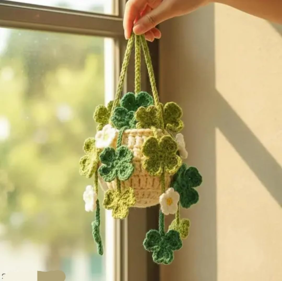 Crochet Hanging Basket Planter, Green Clover and White Flower Design, Handmade Knit Home Decor