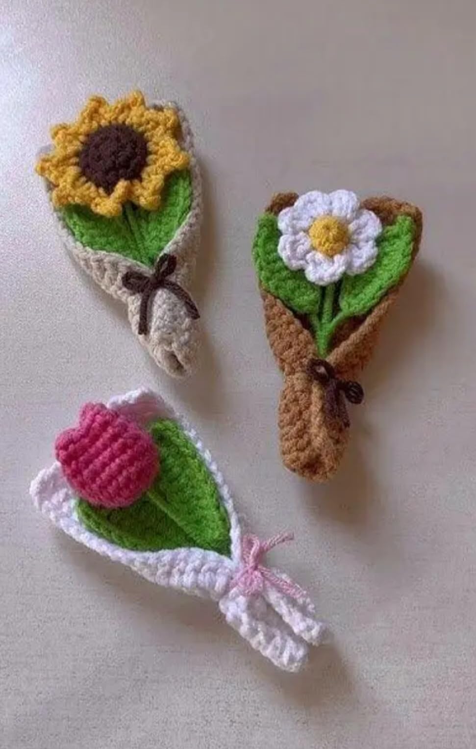 Handmade Crochet Flower Bouquet, Sunflower, Daisy, and Tulip, Knitted Floral Gift Decor, 1 piece Randomly