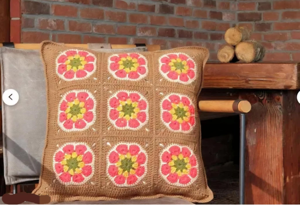 Handmade Crochet Throw Pillow Cover, Granny Square Floral Pattern, Brown and Coral