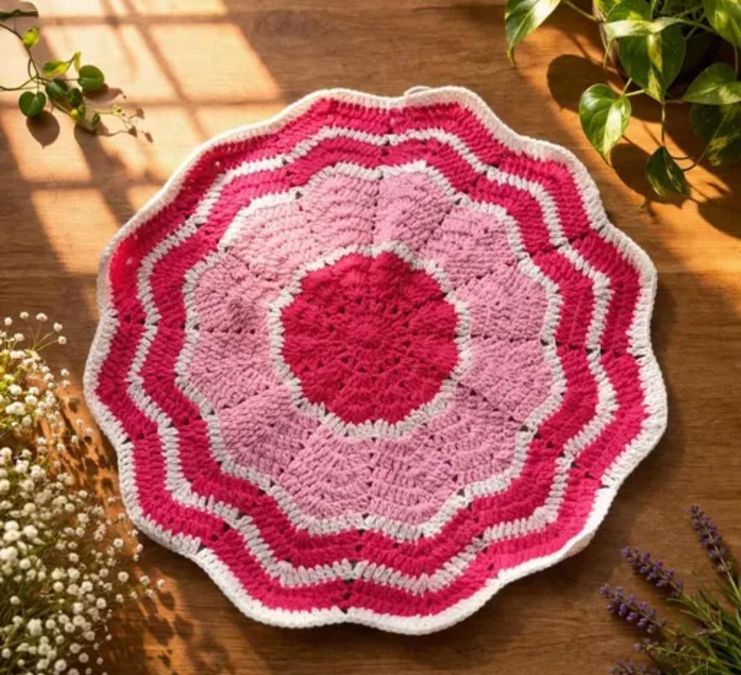 Handmade Crochet Pooja Thalposh, Floral Pattern with Tassels,