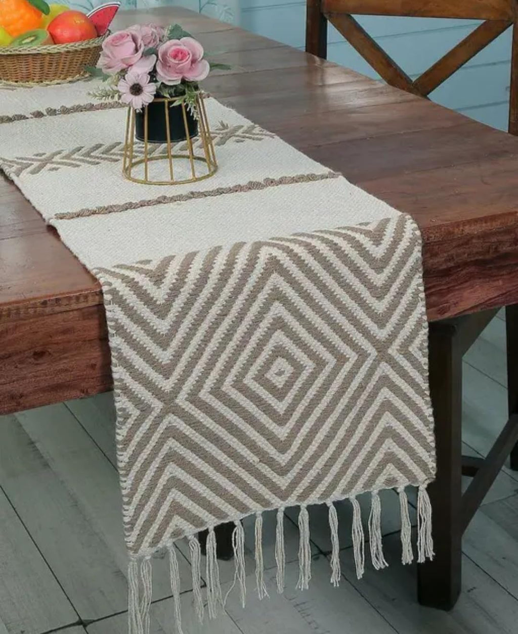 Boho Table Runner with Fringe, Cream and Beige, Diamond Pattern, Woven Cotton, Dining Table Decor