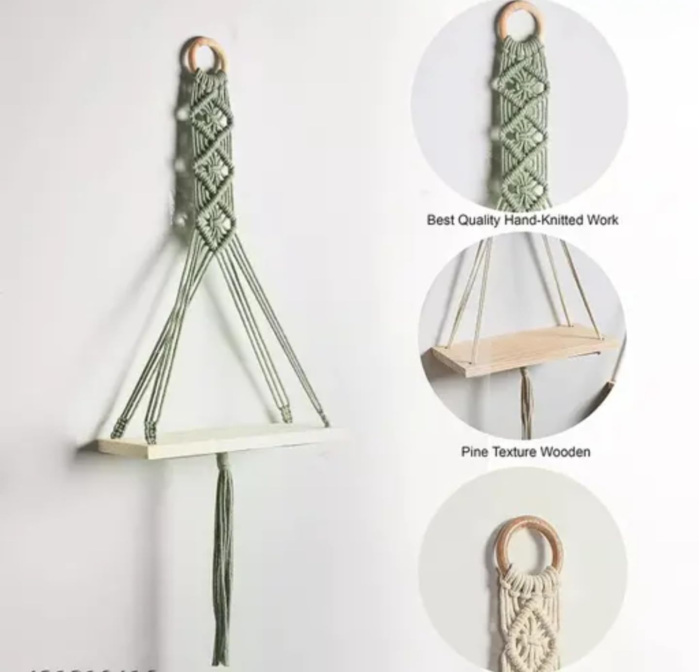 Macrame Wall Shelf Set, Hanging Triangle Floating Shelves, White and Sage Green, Boho Home Decor