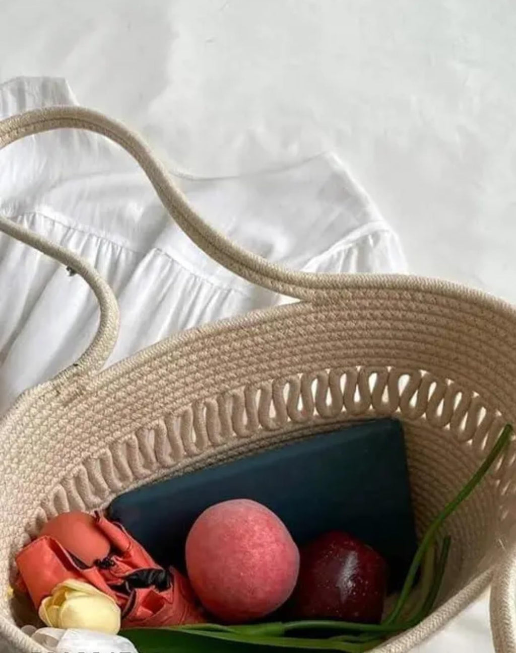 Woven Cotton Market Tote Bag, Two-Tone Cream and Olive Green, Handcrafted Design