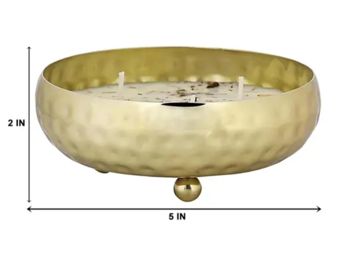 Decorative Gold Hammered Metal Citronella Candle Bowl with Feet, White Wax with Botanical Herbs