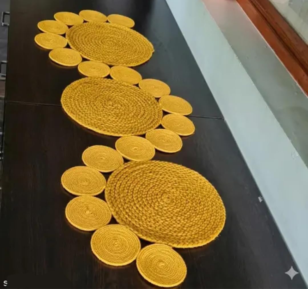Handwoven Jute Table Runner with Coasters, Yellow, Round Braided Placemats Set