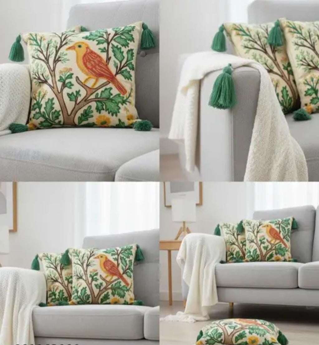 Handcrafted Embroidered Bird on Tree Throw Pillow Cover, Cream, Floral Botanical Style, with Green Tassels, 1 piece