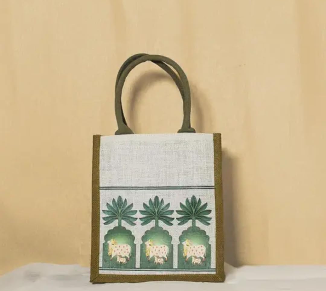 Jute Tote Bag with Pichwai Print, Green and White, Traditional Indian Art Style