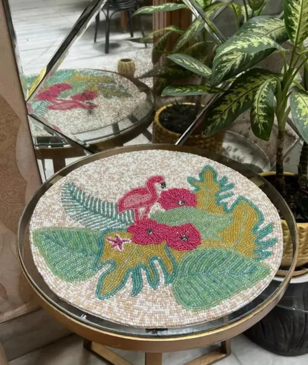 Handcrafted Beaded Placemat, Tropical Floral Design, Round Table Mat with Pink Flowers, Green Leaves, Turquoise Accents, White Pearl Base