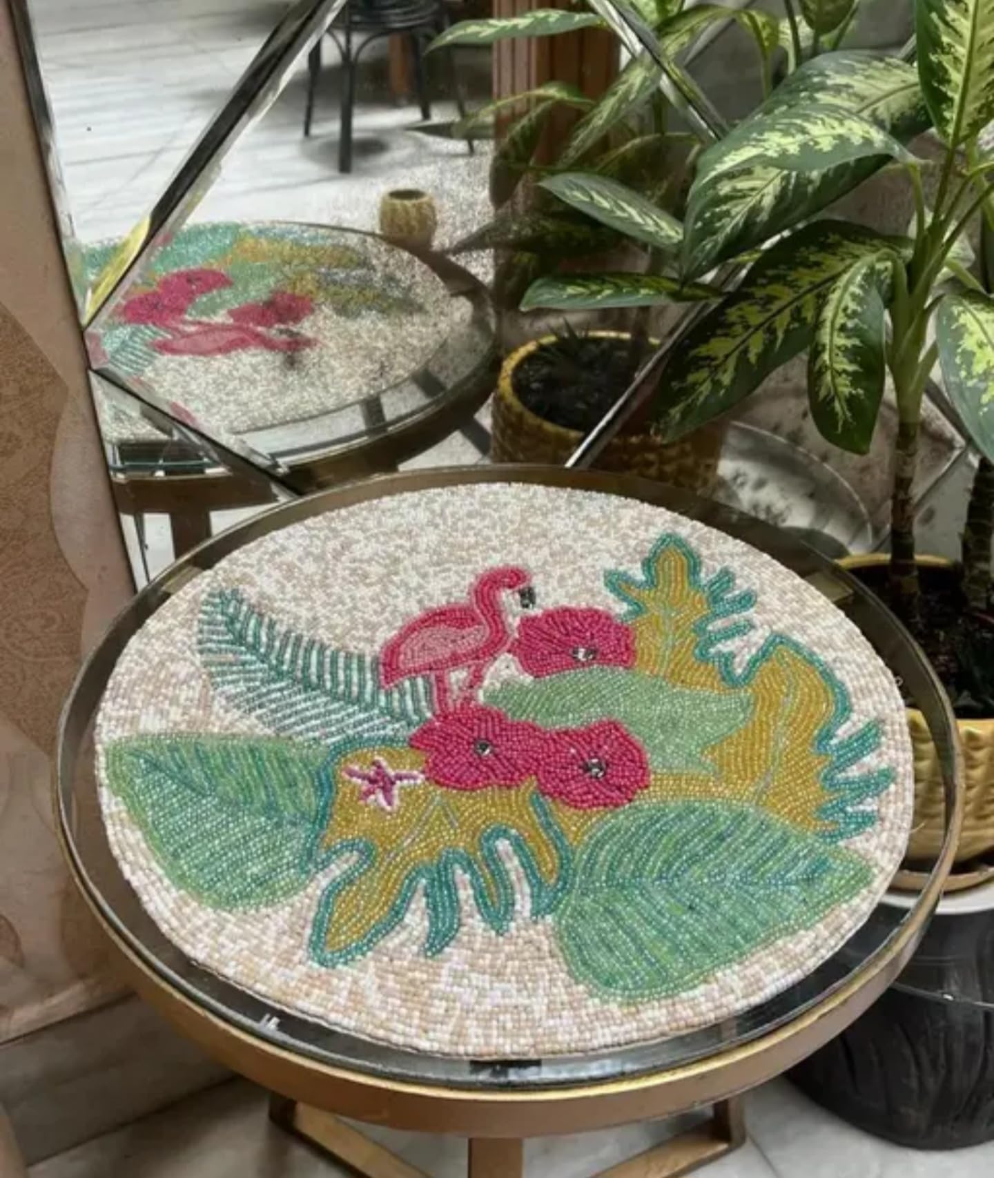 Handcrafted Beaded Placemat, Tropical Floral Design, Round Table Mat with Pink Flowers, Green Leaves, Turquoise Accents, White Pearl Base