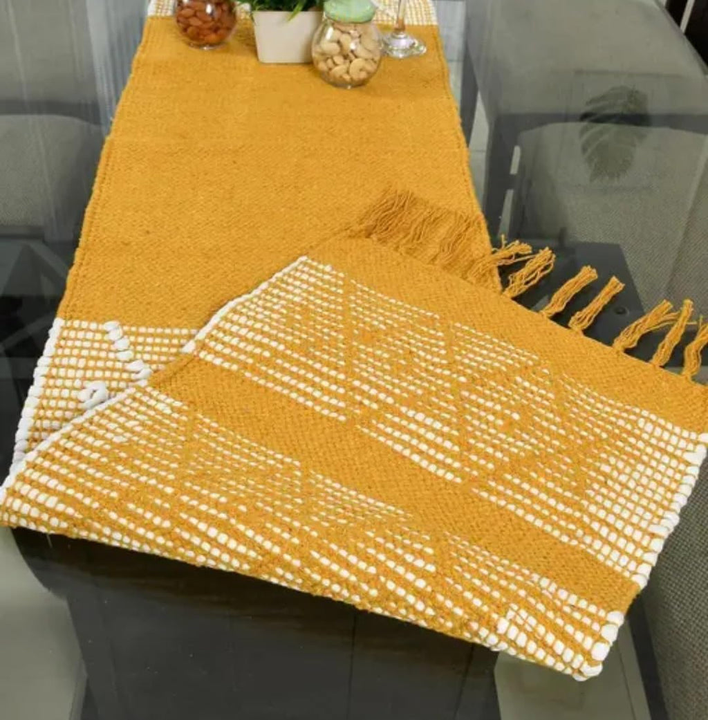 Table Runner with Tassels, Yellow and White Geometric Diamond Pattern, Cotton Woven