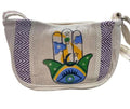 Hamsa Hand Canvas Crossbody Bag, Evil Eye Design, Chevron Pattern Sides, White and Blue
