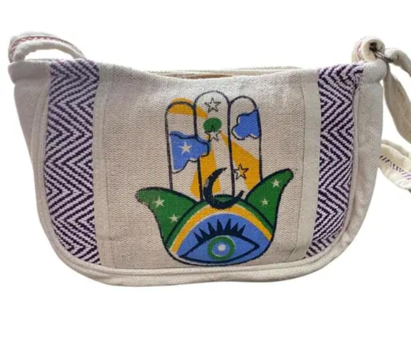 Hamsa Hand Canvas Crossbody Bag, Evil Eye Design, Chevron Pattern Sides, White and Blue