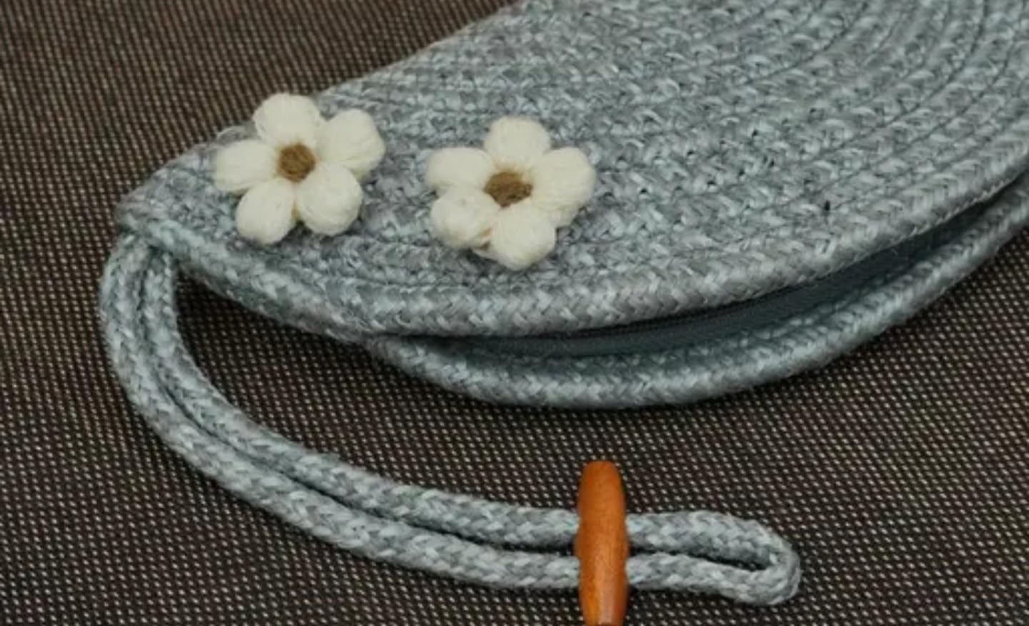Handcrafted Woven Half-Moon Clutch, Grey with White Floral Accents, Braided Strap